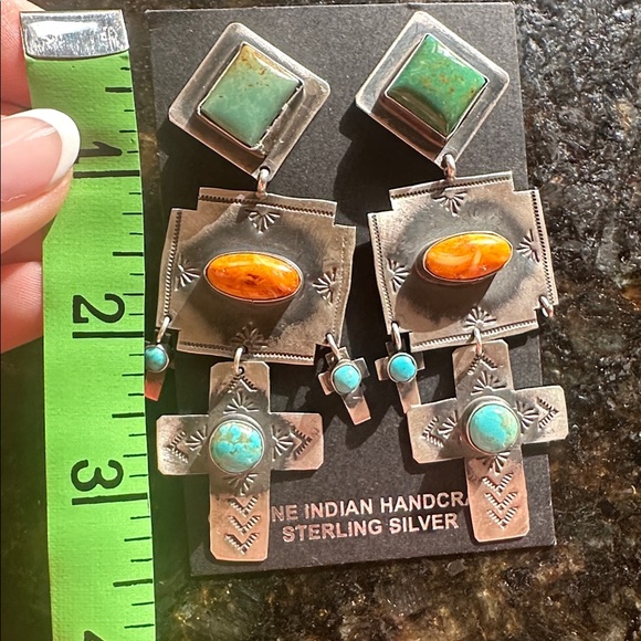 Navajo XL Rita Lee Turquoise & Spiny Cross Sterling Silver Earrings - Picture 4 of 4